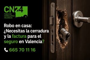 Factura del cerrajero y póliza de seguro de hogar para un cambio de cerradura en Valencia